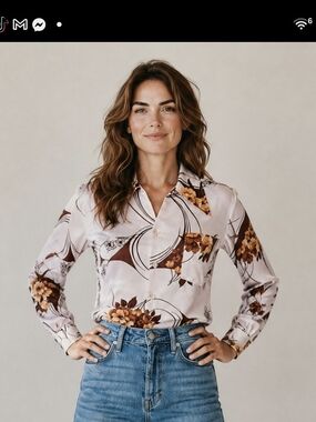 Paul Howard Satin Floral Button-Up Blouse in Blush and Brown | Size MED